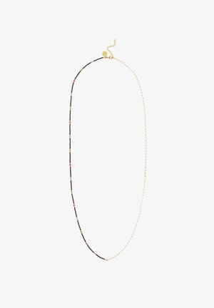 Collana corta di perline con perline nere intervallate da accenti colorati, rifinita con una catena regolabile e chiusura color oro.
