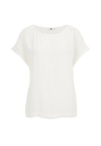 Vit lättviktig kortärmad topp med rund halsringning, rak skärning och slät struktur. Enkelt design utan mönster eller detaljer.