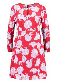 Vestido rojo de manga larga, con un escote en forma de llave y un patrón floral en blanco y lavanda. Tejido suave y cintura ajustada.