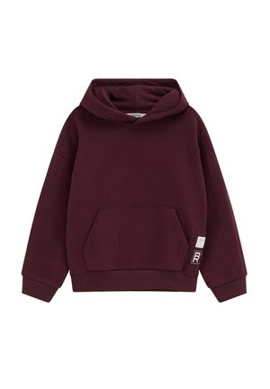Sweat à capuche bordeaux avec une poche kangourou à l'avant et une petite étiquette blanche en bas à droite.