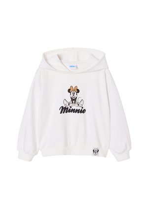 Weißer Hoodie mit einer Cartoon-Minnie-Maus, die eine orange Schleife trägt, und dem Schriftzug „Minnie“ darunter auf der Vorderseite gedruckt.