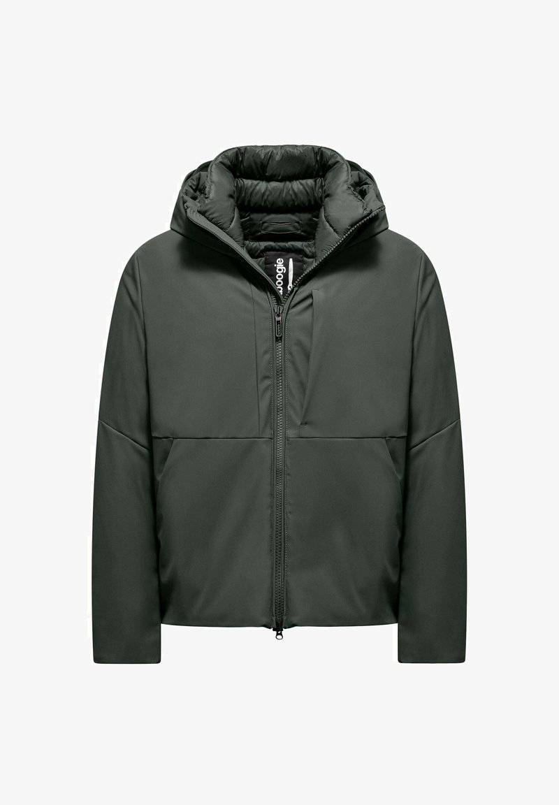 Giacca imbottita verde con zip frontale, cappuccio regolabile e due tasche frontali. Materiale esterno liscio con design strutturato.