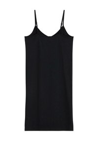 Abito nero a sottoveste con spalline regolabili, taglio dritto e texture liscia. Design minimalista, adatto per essere indossato a strati o da solo.