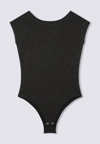 Body nero con maniche corte, caratterizzato da un design testurizzato con piccoli fori e strass. Chiusura a scatto nella parte inferiore. Tessuto liscio.