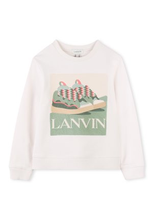 Felpa bianca con grafica di sneaker verdi con accenti rosa e rossi. Logo "LANVIN" sotto il design. Tessuto morbido e testurizzato.