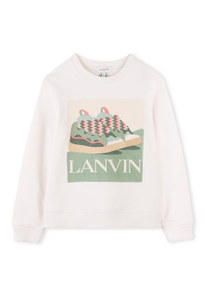 Felpa bianca con grafica di sneaker verdi con accenti rosa e rossi. Logo "LANVIN" sotto il design. Tessuto morbido e testurizzato.