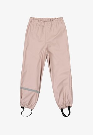 Šviesiai rožiniai vandeniui atsparūs kelnės su elastine juostele, elastiniais rankogaliais ir atšvaitinėmis pilkomis juostelėmis apatiniuose kojų galuose; sklandi tekstūra.