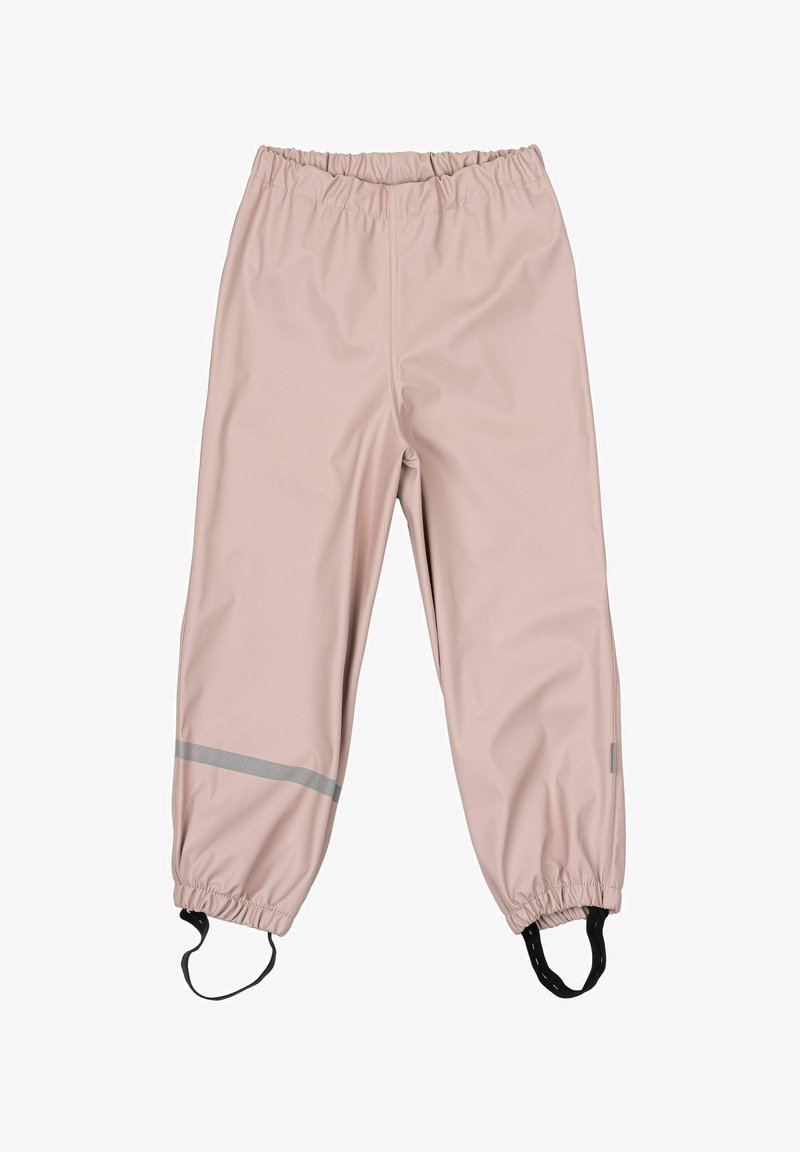 Ljusrosa vattentäta byxor med elastiskt midjeband, elastiska muddar och reflekterande grå ränder på nederbenen; slät textur.