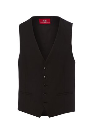 Schwarze formelle Weste mit fünf Knöpfen, zwei vorderen Paspeltaschen und einem roten Etikett innen am Halsausschnitt.