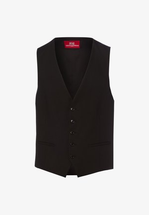 Schwarze formelle Weste mit fünf Knöpfen, zwei vorderen Paspeltaschen und einem roten Etikett innen am Halsausschnitt.