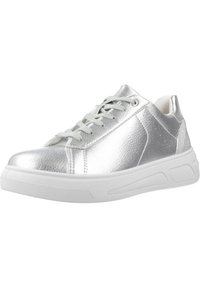 Sneaker low-top sintetico argento con parte superiore in metallo testurizzato, suola in gomma bianca e lacci coordinati per una vestibilità sicura.