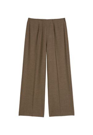 Brązowe spodnie o szerokich nogawkach z subtelnym wzorem w kratę, z prostym przodem i bocznym zamkiem, ułożone płasko na białym tle.