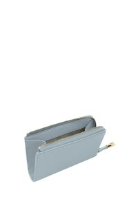 Lichtblauwe leren portemonnee met een gestructureerd oppervlak, gouden ritssluiting en binnenvakken voor kaarten en contant geld.