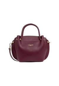 Sac à main en cuir bordeaux avec quincaillerie dorée, poignées supérieures doubles et bandoulière amovible. Présente une finition texturée et un logo embossé.