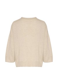 Pull beige coupe ample avec épaules tombantes, manches trois-quarts, encolure ronde et ourlet côtelé, vu de dos.