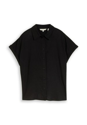 Czarna koszula z krótkim rękawem, kołnierzykiem i guzikami z przodu, luźnym krojem oraz podwiniętymi mankietami.