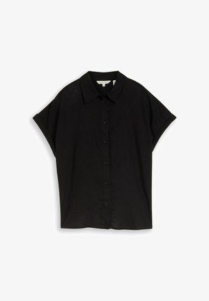 Czarna koszula z krótkim rękawem, kołnierzykiem i guzikami z przodu, luźnym krojem oraz podwiniętymi mankietami.