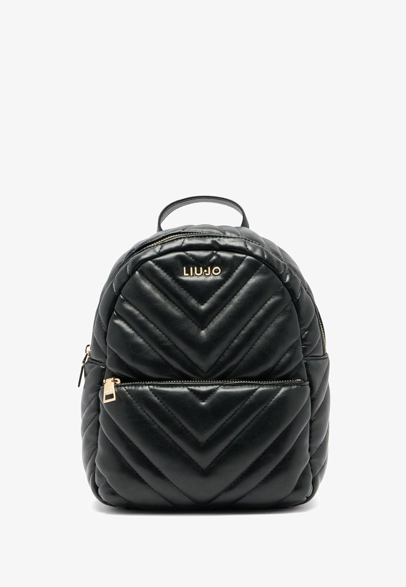 Fekete steppelt hátizsák cseppmintával, arany színű fémrészletekkel, elülső cipzáras zsebbel és felső fogantyúval. A fő rekesz cipzárral záródik.