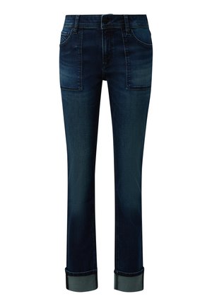 Donkerblauwe recht-toe-rechtaf jeans met voorste patchzakken, knoop- en ritsluiting, en opgerolde boorden.