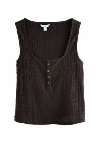 Top negru texturat, fără mâneci, cu decolteu rotund, cu patru nasturi și croială lejeră. Confecționat dintr-un material ușor, potrivit pentru stratificare.