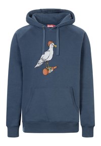 Navy blauwe hoodie met een voorzak, voorzien van een graphic van een meeuw die een bruine beanie draagt en op een fles staat. Zachte stof textuur.