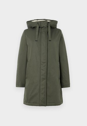 Olive green long coat with a hood, zip closure, two side pockets, and a soft inner lining. Material appears water-resistant and smooth.
