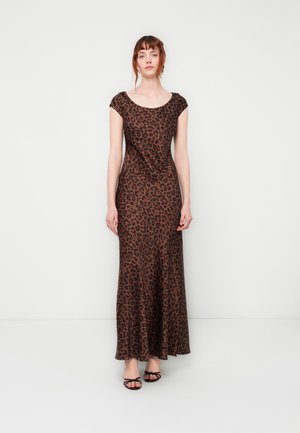 Leopard print maxi dress in shades of brown, featuring a scoop neckline and cap sleeves, made from a smooth, stretchy fabric.
