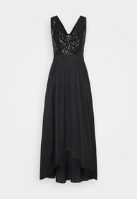 Robe de soirée noire sans manches avec corsage à sequins, décolleté plongeant en V et jupe fluide asymétrique.