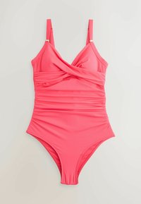 Růžový jednodílný plavky s designem zkrouceného předního dílu, nastavitelné ramínka a skládání na bocích. Hladký materiál, střední výstřih na nohách.