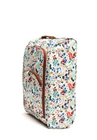 Floral patterned soft-sided suitcase in pastel tones with brown accents, featuring a main compartment and a front zip pocket.