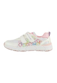 Witte sportschoenen met pastelroze accenten, voorzien van een sterrenpatroon in verschillende kleuren, gemaakt van synthetisch materiaal en met klittenbandsluitingen.