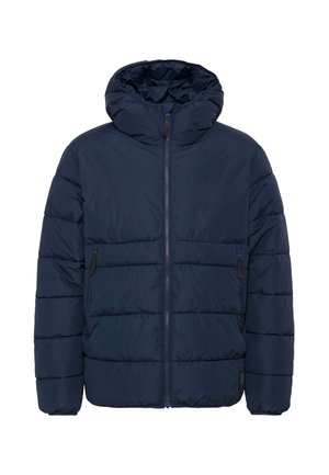 Jachetă puffer albastră marine cu glugă, prevăzută cu închidere cu fermoar și două buzunare frontale cu fermoar. Design matlasat, cu o textură netedă.