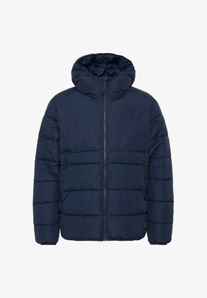 Jachetă puffer albastră marine cu glugă, prevăzută cu închidere cu fermoar și două buzunare frontale cu fermoar. Design matlasat, cu o textură netedă.