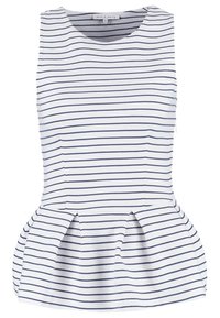 Bílý bezrukávový top s námořnickými horizontálními pruhy, kulatým výstřihem a designem s peplum lemem, který má sklady v pase.