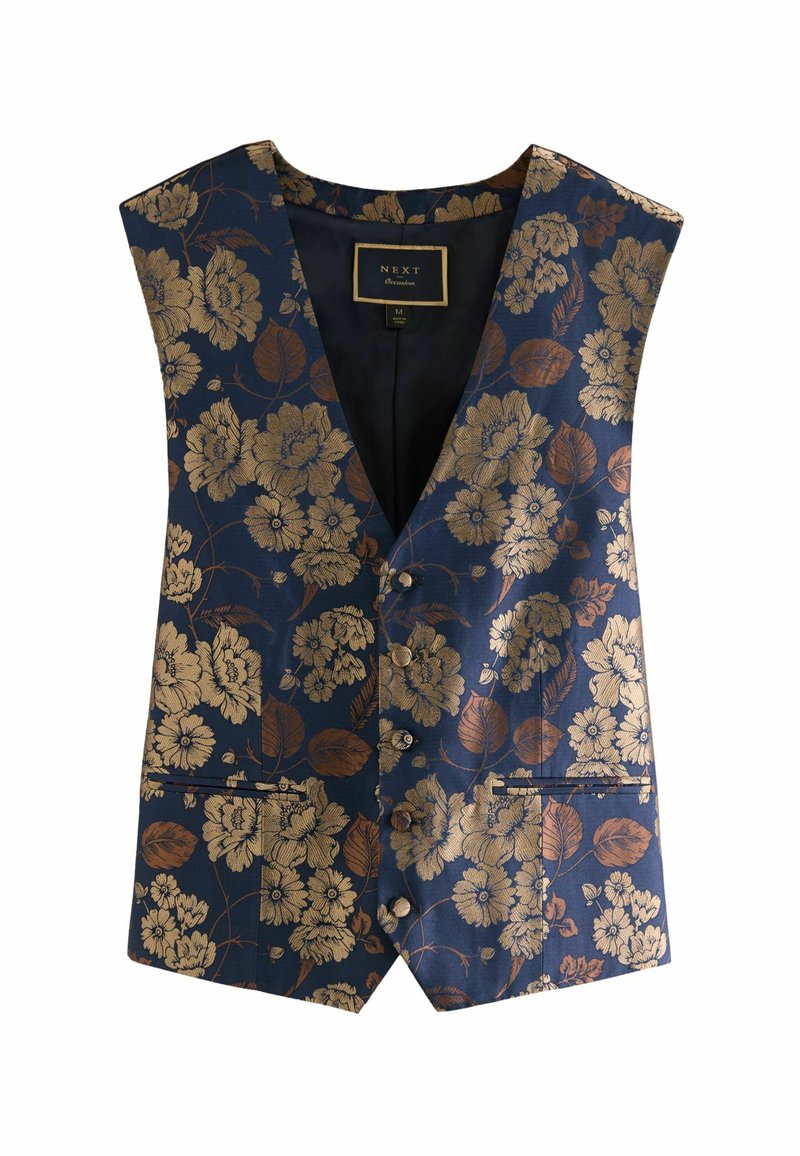 Blumenmuster-Weste in Dunkelblau mit goldenen Akzenten. Mit einem tiefen V-Ausschnitt, fünf Knöpfen und zwei vorderen Taschen. Strukturierter Stoff.