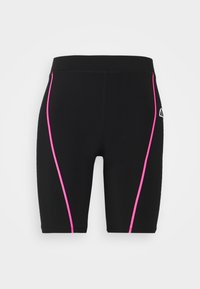 Czarne sportowe spodenki z różowymi paskami po bokach i dopasowanym krojem. Pasek w talii jest elastyczny, a z tyłu widoczne jest małe logo.