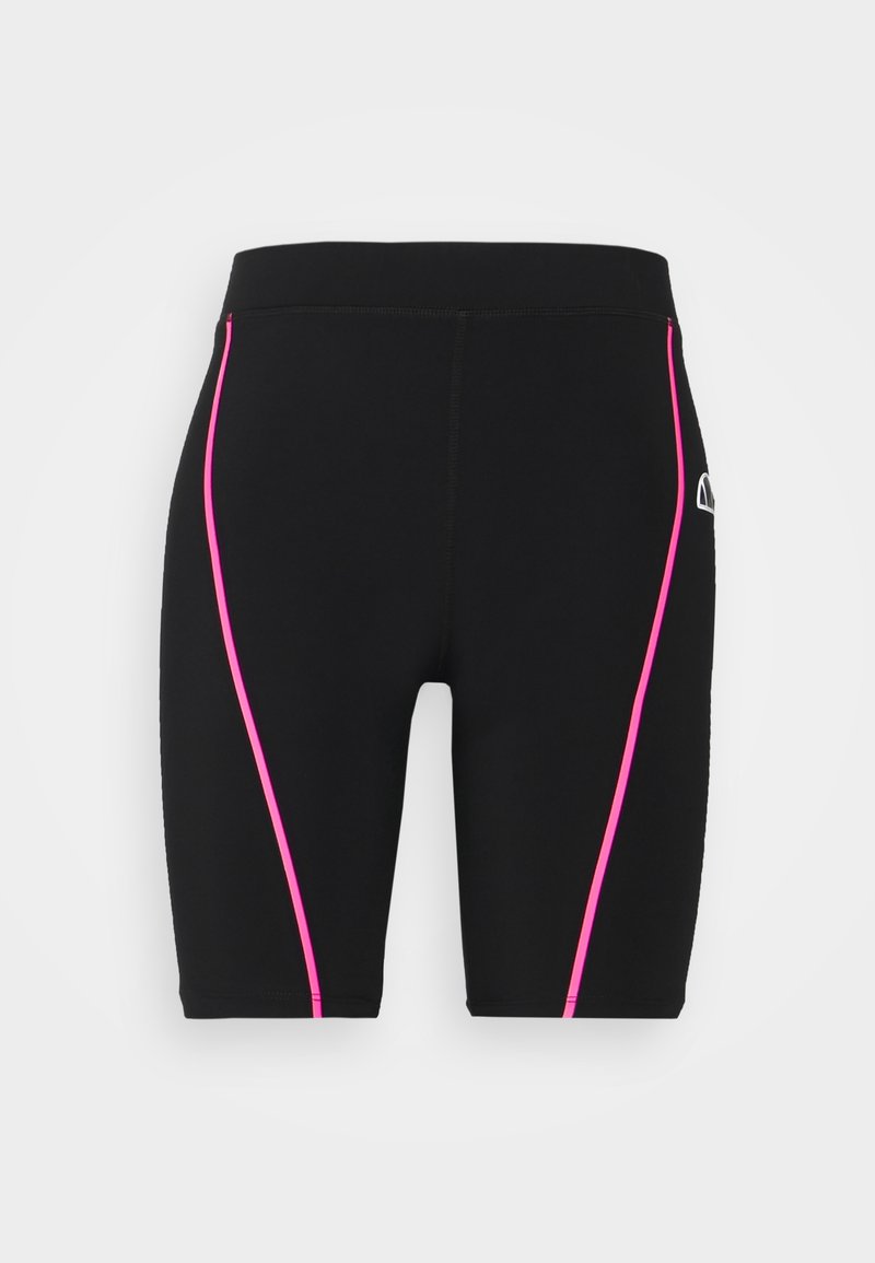 Czarne sportowe spodenki z różowymi paskami po bokach i dopasowanym krojem. Pasek w talii jest elastyczny, a z tyłu widoczne jest małe logo.