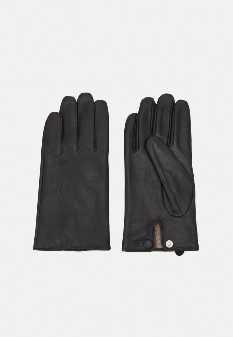 Sorte skinnhansker med tre distinkte fingerseksjoner, knappelukking, og en strukturert indre fôr for ekstra varme.