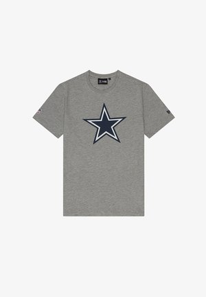 Graues T-Shirt aus Baumwolle mit Rundhalsausschnitt, das ein großes grafisches navyblaues Sternmotiv in der Mitte und ein kleines Logo am Ärmel aufweist.