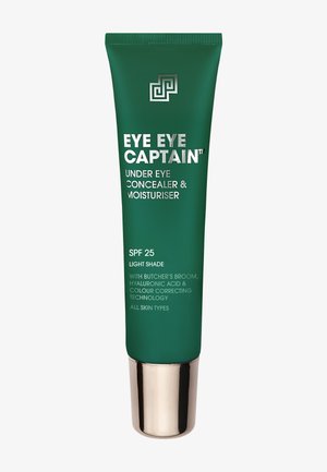 Grüne Tube des Eye Eye Captain Augenunterconcealers und Feuchtigkeitsspenders mit LSF 25, helle Nuance, mit Inhaltsstoffen wie Hyaluronsäure und Stechpalme.
