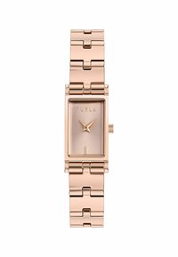 Orologio rettangolare in metallo rosa e oro con un quadrante lisci di un delicato rosa, dotato di lancette sottili e un design a bracciale a maglie. Nome del marchio "Furla" inciso.