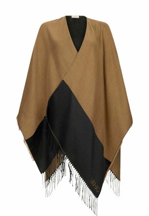 Brązowy i czarny poncho z trójkątnym wzorem, wykończonymi krawędziami i frędzlami. Wykonane z miękkiego materiału, z delikatnym logo.