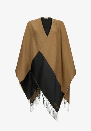 Poncho marron et noir avec un design triangulaire, bords finisés et franges. Fabriqué en tissu doux, avec un subtil détail de logo.
