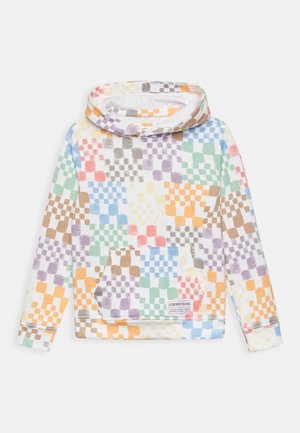 Sweat à capuche à motif à carreaux multicolores avec poche avant portant une étiquette indiquant "Tout le monde appartient."