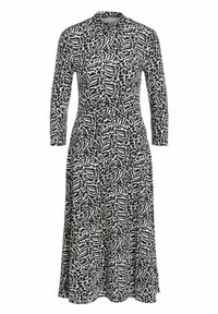 Sukienka z długim rękawem, z czarno-białym abstrakcyjnym wzorem, z dopasowaną górą i rozszerzaną spódnicą, wykonana z miękkiego, elastycznego materiału.