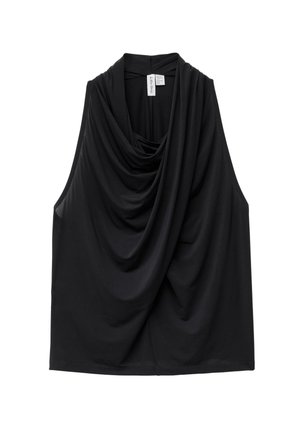 Schwarzes ärmelloses Oberteil aus weichem Stoff mit gerafftem Ausschnitt und asymmetrischem Design. Verfügt über eine glatte Textur und eine lockere Passform.