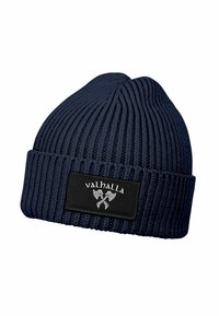 Navy blue rib-knit beanie with folded cuff and black patch featuring crossed axes and "valhalla" text in white.