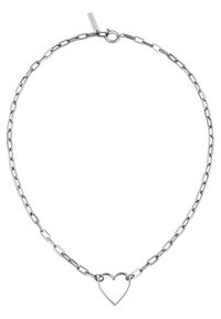 Collana in argento con anelli allungati, con un pendente a forma di cuore come dettaglio centrale. Texture liscia e finitura lucida.
