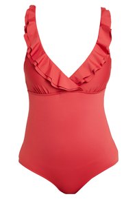 Maillot de bain une pièce rouge avec un décolleté en V et des accents volantés le long des épaules. Texture lisse et coupe ajustée, adapté à la natation.