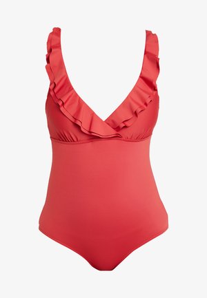 Rød heldragt badedragt med V-hals og rynkede detaljer langs skuldrene. Glat tekstur og tætsiddende form, egnet til svømning.